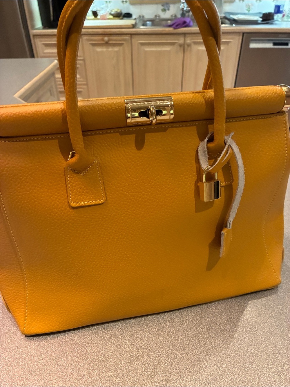 Structured Mustard Yellow Leather Top-Handle Satchel with Gold Hardware